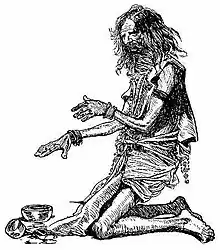 Gravure en noir et blanc montrant un fakir agenouillé.