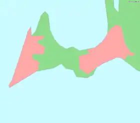 Carte de la péninsule de Falsterbo. Les zones en rose correspondent aux villes de Skanör med Falsterbo (à gauche), de Ljunghusen et de Höllviken (à droite, de part et d'autre du :canal de Falsterbo&nbsp;(en)).