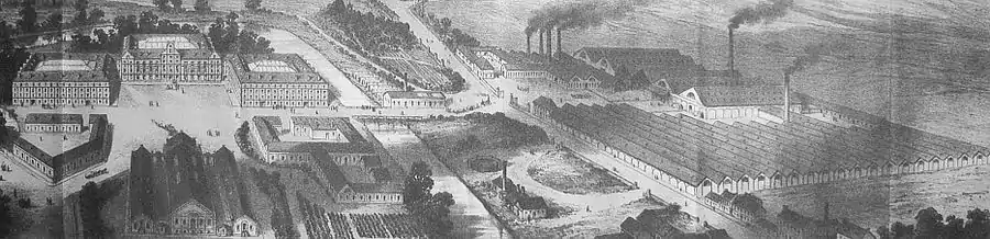 Familistère de Guise conçu par Jean-Baptiste André Godin à partir de 1856. Une architecture est définie pour cet espace où on travaille et où l'on vit dans un ensemble défini et formalisé aussi bien pour les édifices que pour le comportement individuel.