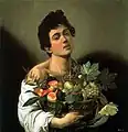 Peinture d'un jeune homme qui porte une corbeille de fruits.