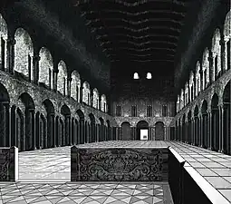 Photographie retouchée en noir et blanc d'une nef romane.