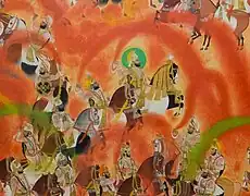 Le Maharana du Mewar Swarup Singh célébrant Holi avec sa cour. Détail d'une miniature du XIXe&nbsp;siècle conservée au City Palace d'Udaipur, Rajasthan.