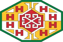 Dessin géométrique à symétries horizontale et verticale aux couleurs rouge, verte et jaune.