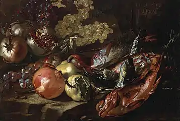 Fish, Grapes and Pomegranates on a Ledge huile sur toile 64,7 × 92,8 cm