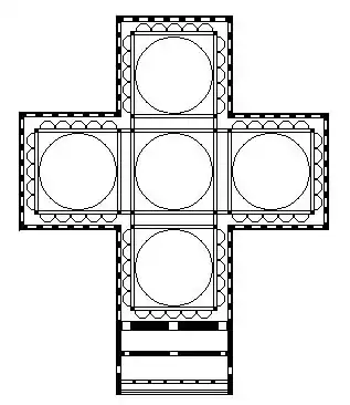 Plan centré en croix grecque à cinq coupoles de l'église des Saint-Apôtres de Constantinople, VIe siècle.