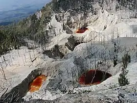 Volcan d'Inielika (région de Bajawa), lacs de cratères de couleur rouge résultant d'une éruption en 2001.