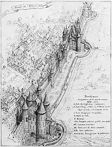 Dessin des remparts surplombant la Garonne. En fond, on distingue quelques bâtiments d'habitation.