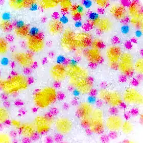 Points de couleurs créés par une imprimante à jet d'encre sur une image de 0,1 × 0,1 mm pour une résolution de 1 200 DPI.