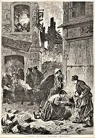 Dessin représentant trois femmes déversant du pétrole dans le soupirail d'une maison.