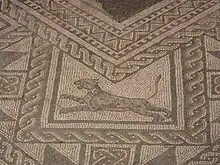 Photographie d'un détail de mosaïque polychrome représentant une panthère.