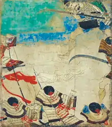 Buste et tête de trois guerriers en armure de dos en bas, deux de profils à droite et en haut. gros plan.