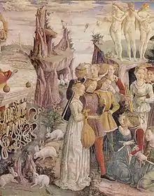 Fresque avec scène galante par Francesco del Cossa, 1469-1470: plusieurs lapins = symbole érotique.
