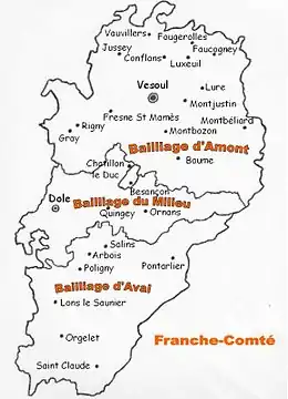 Représentation cartographique des divisions administratives des Vosges et du Jura au XIVe siècle.