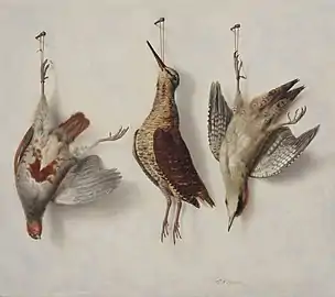 Trompe-l'œil nature morte de gibier à plumes.