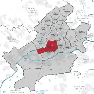 Carte situant l'arrondissement (en rouge) au sein du reste de la ville (en gris)