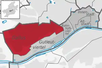 Carte situant le quartier (en rouge) au sein l'arrondissement (en gris foncé) et du reste de la ville (en gris clair)