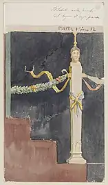 Stylobate sur le mur de la salle de bain d'une domus privée, à Pompéi, aquarelle, 8 juin 1882.