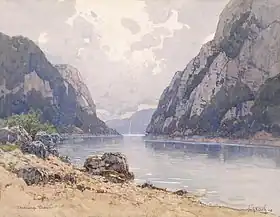 Aquarelle montrant un fleuve passant par des gorges resserrées.