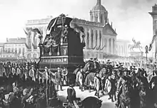 Gravure représentant le cortège funèbre, un char, tiré par de nombreux chevaux est surmonté d'un imposant catafalque couvert de dais noirs