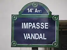 Plaque de rue de l'impasse Vandal, dans le 14e&nbsp;arrondissement de Paris (France)