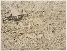 Bateaux aux Saintes-Maries-de-la-Mer, 1888, crayon rouge et encre au graphite sur papier tissé, 24,3&nbsp;×&nbsp;31,9&nbsp;cm, New York, musée Solomon R. Guggenheim.