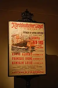 Affiche de la Norddeutscher Lloyd pour Genova - New York en bateau à vapeur au début du XXe&nbsp;siècle.