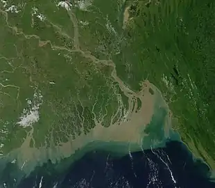 Image satellite du delta du Gange formant les embouchures du Gange et du Brahmapoutre (Inde et Bangladesh).