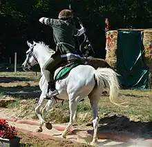 Cavalier vu de 3/4 dos, tirant à l'arc sur une cible.