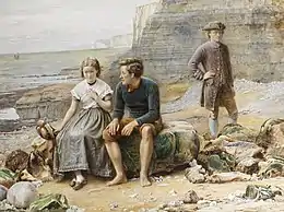 Un homme et une femme assis sur un banc au premier plan ; au second, un homme habillé comme autrefois, observant discrètement la scène