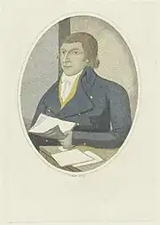 Portrait en couleur de George Mealmaker. Dans un ovale, il est représenté en buste, accoudé à une table sur laquelle plusieurs feuilles de papier sont posées, il tient à la main une liasse de feuilles manuscrites.