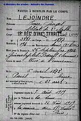 Georges Lejoindre, mort au champ d'honneur le 26 septembre 1914.