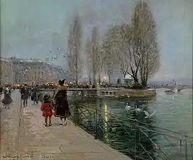 Genève. Journée d'hiver au lac Léman (Île Rousseau), huile sur toile, 55&nbsp;×&nbsp;65&nbsp;cm.