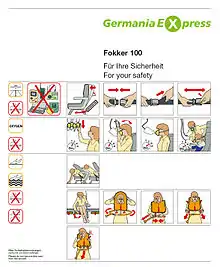 Image d'une carte blanche aux écritures noires, avec le logo de la compagnie écrit en vert en haut à droite. Elle représente des pictogrammes indiquant ce qui est interdit lors du vol ou l'utilisation de la ceinture de sécurité par exemple, ainsi que diverses situations pouvant survenir en cas d'urgence, comme l'utilisation du masque à oxygène ou la position de sécurité.