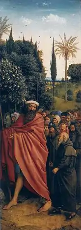 Détail - Saint Christophe et les pèlerins sur l'Adoration de l'Agneau mystique de Jan van Eyck (1432)