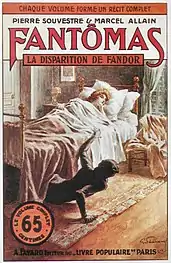 Fantômas portant sa cagoule et son collant noir de « rat d'hôtel » (couverture du 16e&nbsp;volume).