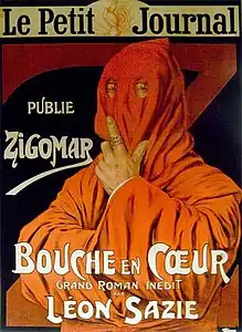 Illustration de Gino Starace pour une réclame de Zigomar-bouche-en-cœur, roman-feuilleton publié dans Le Petit Journal (janvier-juin 1917).