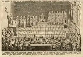 Brissot et vingt autres conventionnels girondins devant le Tribunal révolutionnaire, au moment de la lecture de l'acte d'accusation. Estampe anonyme, Paris, BnF, département des estampes, 1793.