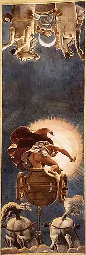 peinture de plafond en trompe-l’œil, avec personnages et chevaux volants devant le soleil et la lune.