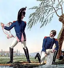 Deux soldats lavant leur linge, portant un habit bleu à revers roses.