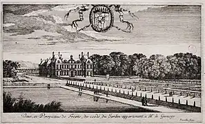 Gravure de Pérelle du château de Fresnes du côté du jardin, seconde moitié du XVIIe&nbsp;siècle.