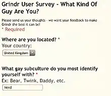Capture d'écran. Grinder User survey - What Kind Of Guy Are You ? Please send us your thoughts : we want your feedback to make Grindr the best it can be! Where are your located ? Your country: United Kingdom. What gay subculture do you most identify yourself with? Ex: Bear, Twink, Daddy, etc. Answer: Nerd