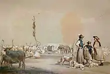 reproduction d'un dessin du XIXe&nbsp;siècle représentant des bergers, leurs chiens, leur campement et leur troupeau.