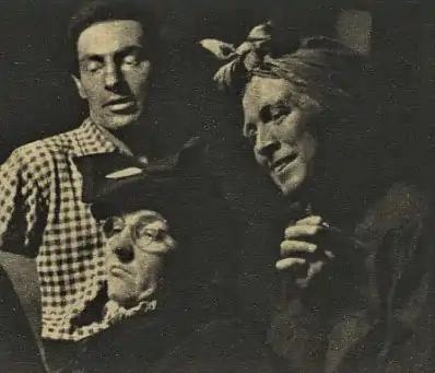 Gustav Heverle&nbsp;(cs), vraisemblablement  Emil František Burian et une actrice non-identifiée dans Un enfant du pays de Richard Wright au D 49, et donc en 1948. Mise en scène de Burian. Publié dans Svět v obrazech, septembre 1948