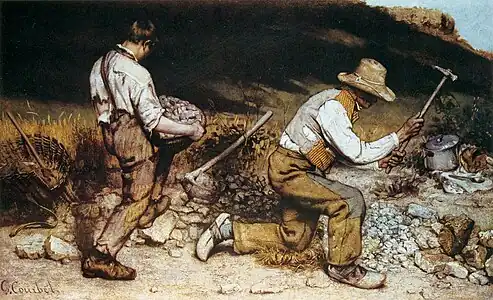 Gustave Courbet, Les Casseurs de pierres, 1849. 165&nbsp;×&nbsp;257&nbsp;cm. Dresde, Galerie Neue Meister. Œuvre disparue.