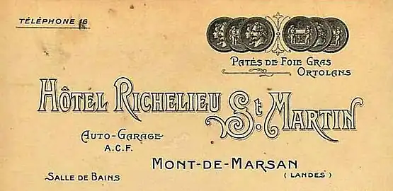 Carte de l'hôtel Richelieu (avant 1934).