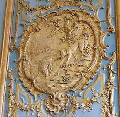 Cabinet des Fables. Détail des boiseries, "Le loup et l'agneau", dans les appartements des enfants du prince