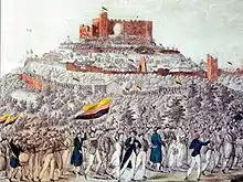 Au premier plan, on voit un grand cortège allant vers le château en arrière plan. Les participants portent de nombreux drapeaux allemands