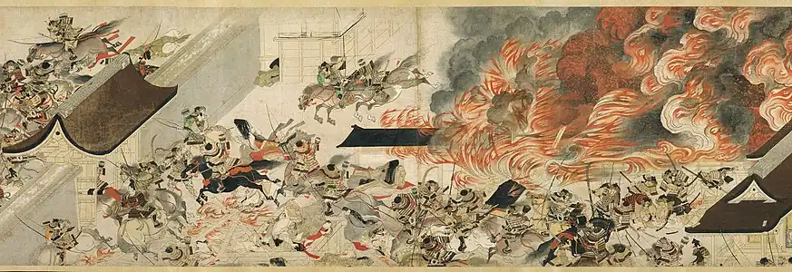 Attaque nocturne du palais de Sanjō (détail d'un rouleau illustré du Dit de Heiji, illustration composée au XIIIe&nbsp;siècle, Kamakura), 41,3&nbsp;×&nbsp;700,3&nbsp;cm,  Musée des Beaux-Arts de Boston.