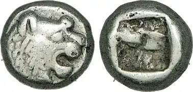 Monnaie en électrum à tête de lion, une des plus anciennes émises en Lydie (v. 610-550 avant notre ère)