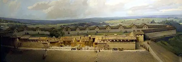 Construction du second rempart de la Heuneburg au début du VIe&nbsp;siècle av. J.-C. - Diorama au Heuneburgmuseum